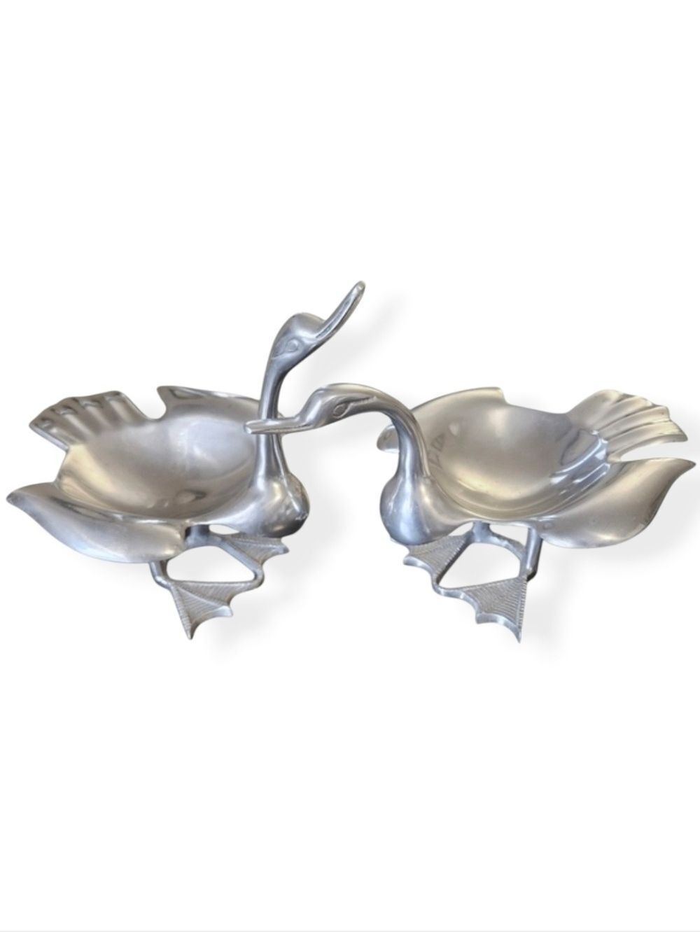Vintage Pair of Silver-Tone Cast Aluminum Goose/Duck/Swan Trinket Bowls
